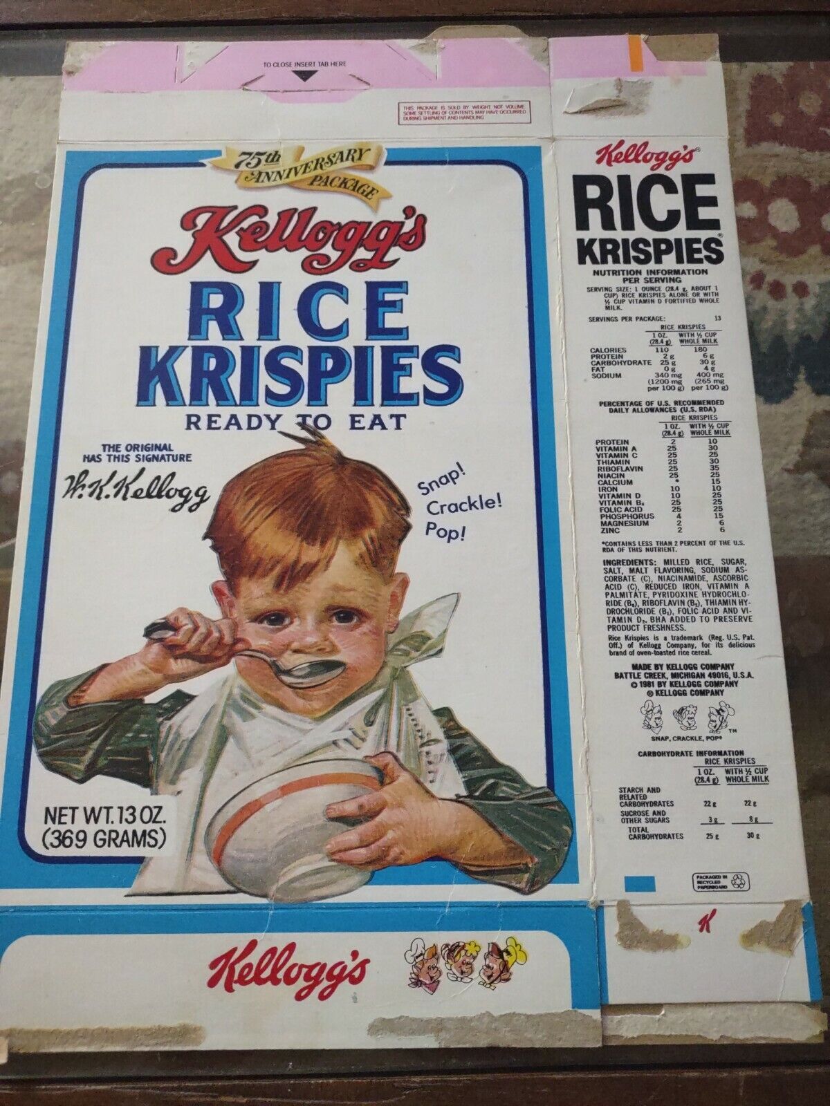 Cereal Box 1981 KELLOGG'S Rice Krispies 75th Anniversary ~Empty Box
