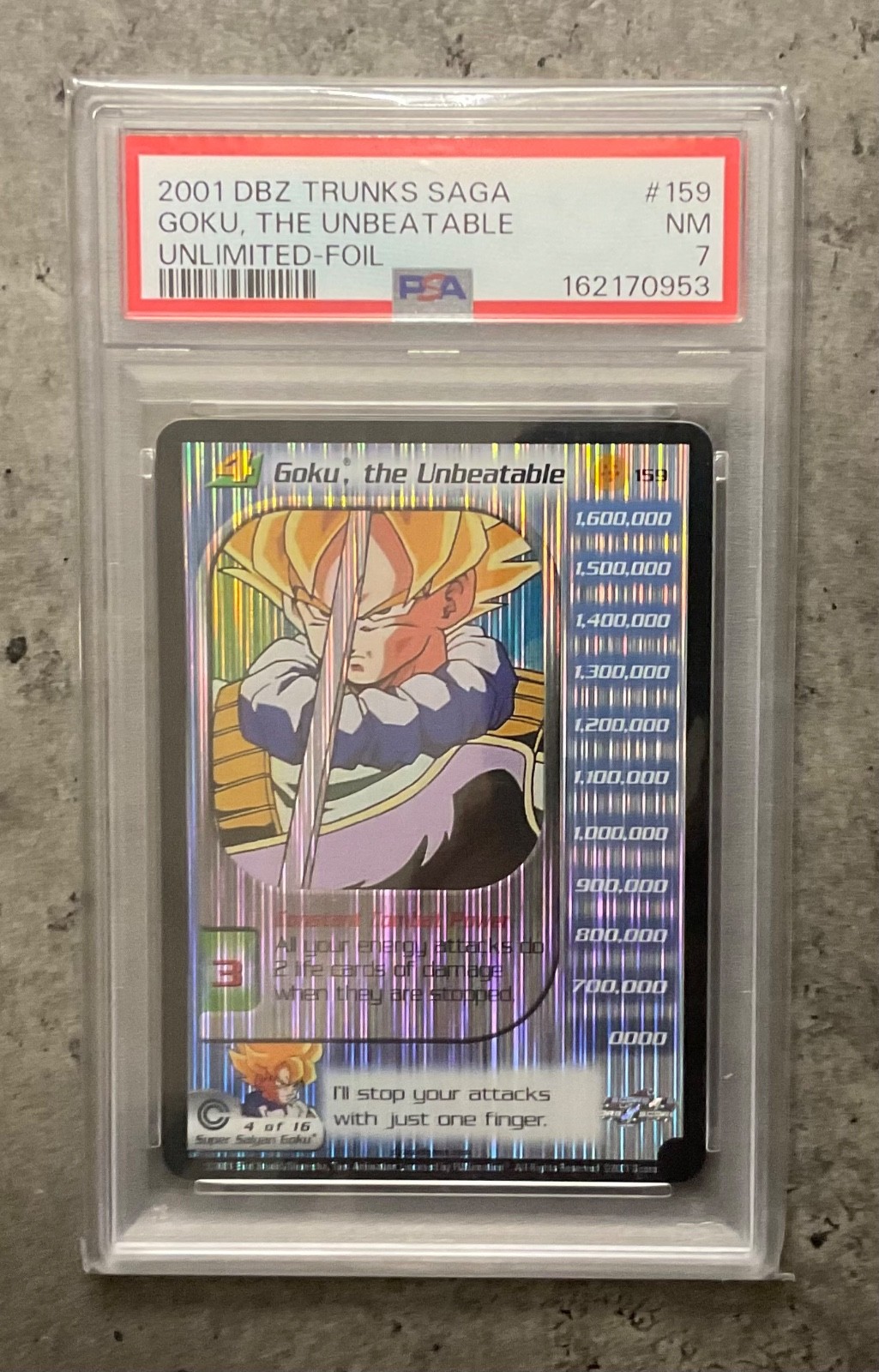 Score 2001 DBZ Trunks Saga Goku, the Unbeatable #159 Unlimited-Foil PSA 7