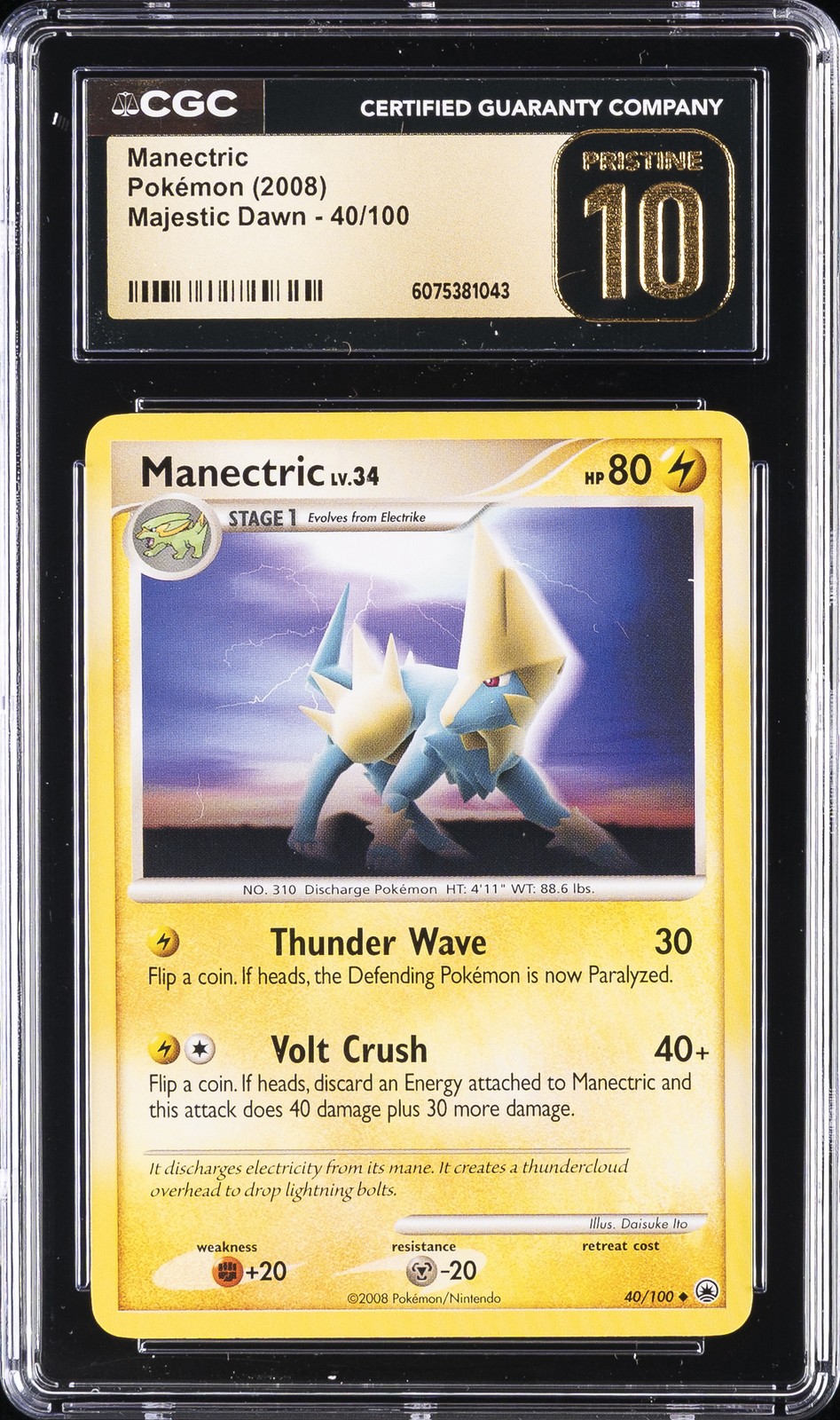2008 POKÉMON MAJESTIC DAWN #40/100 MANECTRIC CGC 10 PRISTINE