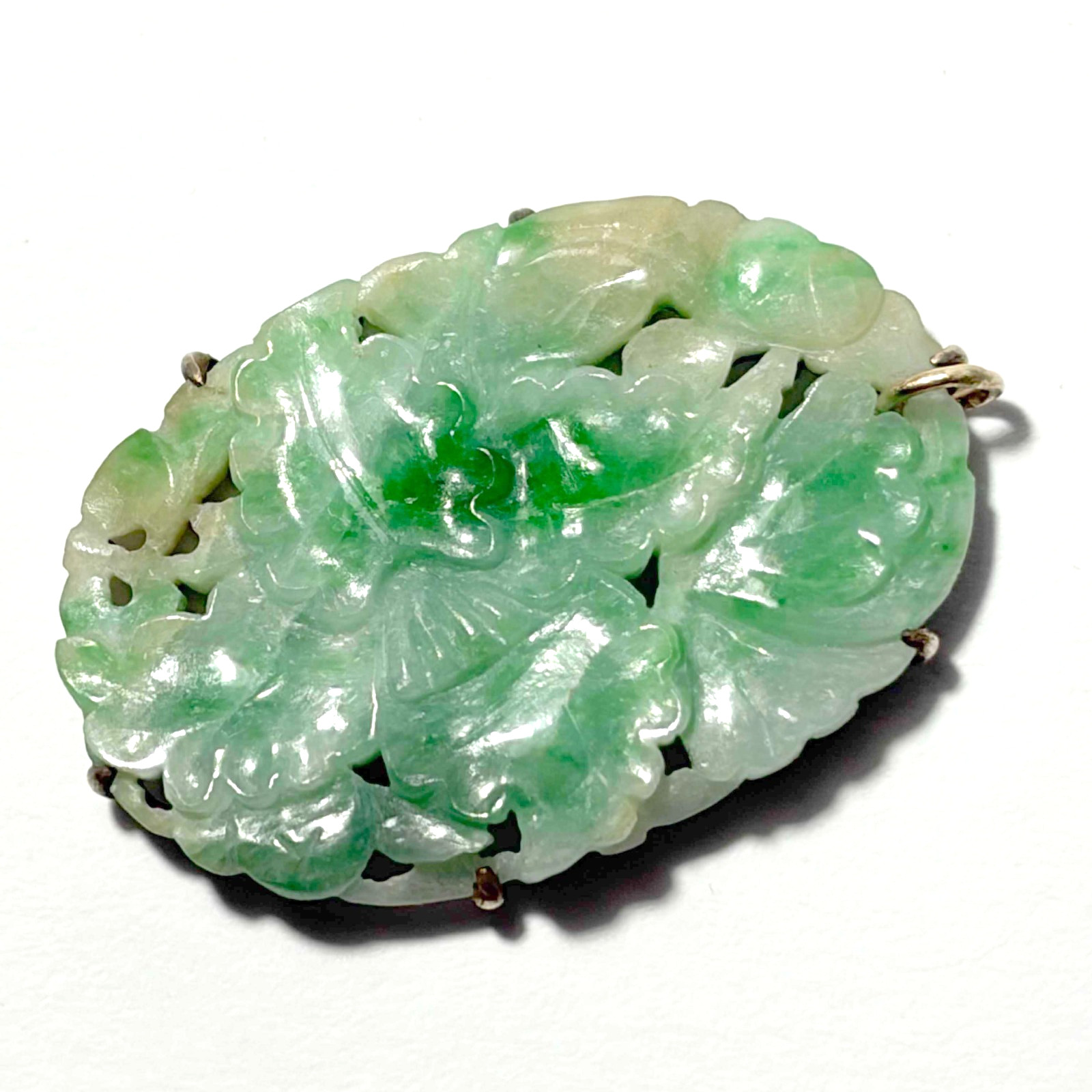Chinese Export Carved Jadeite Peony Pendant, Silver Mount, c. 1920-1930 (AND) Chinese Export Carved Jadeite Peony Pendant, Silver Mount, c. 1920-1930 (AND)