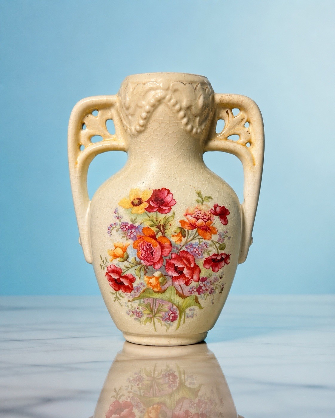 Austrian Antique 1910s Vase Twin Handle Handpainted Floral Porcelain, 4x5.75\ Austrian Antique 1910s Vase Twin Handle Handpainted Floral Porcelain, 4x5.75\