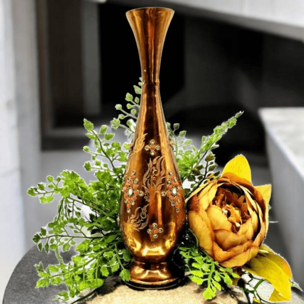 Vintage Moroccan Copper Etched Vase with Jewels and Stones by Julis 9 inch Vintage Moroccan Copper Etched Vase with Jewels and Stones by Julis 9 inch
