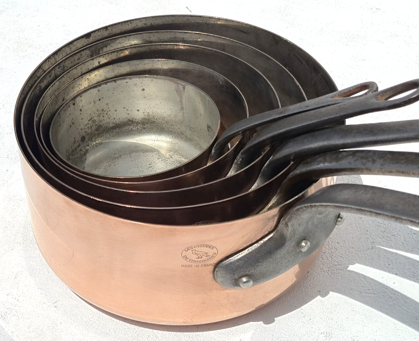 Vintage French Copper Saucepan Pan Set of 5 Stamped Faucogney Tin Lining 6.6lbs Vintage French Copper Saucepan Pan Set of 5 Stamped Faucogney Tin Lining 6.6lbs