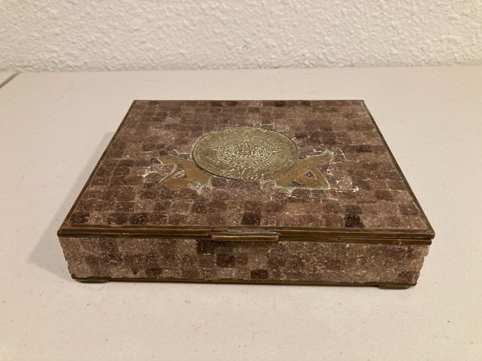 Vintage Mexican Aztec Sun Stone Brass Mosaic Trinket Box Vintage Mexican Aztec Sun Stone Brass Mosaic Trinket Box