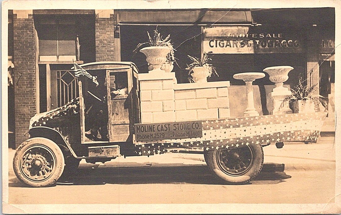 RPPC Moline Illinois Cast Stone Co. Delivery Truck Cigar Store 1920s Advertising RPPC Moline Illinois Cast Stone Co. Delivery Truck Cigar Store 1920s Advertising