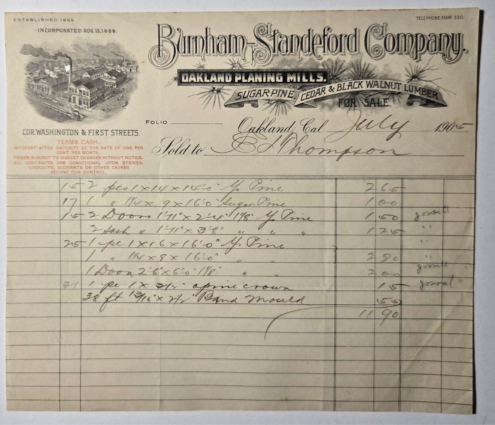 OAKLAND CALIFORNIA 1905 Burnham Mill BLACK WALNUT Lumber Illustrated Billhead OAKLAND CALIFORNIA 1905 Burnham Mill BLACK WALNUT Lumber Illustrated Billhead