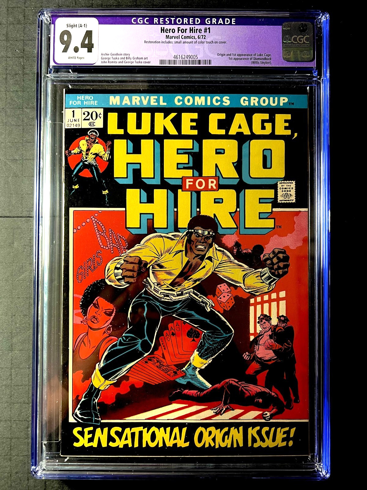 Hero for Hire # 1 CGC 9.4 Restored ~ 1972 ~ 1st app of Luke Cage ~ White Pages Hero for Hire # 1 CGC 9.4 Restored ~ 1972 ~ 1st app of Luke Cage ~ White Pages