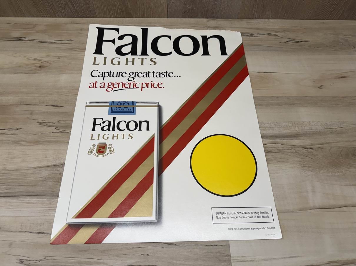 VTG 1986 Falcon Lights Cigarette Store Advertising Poster B&W T Corp.