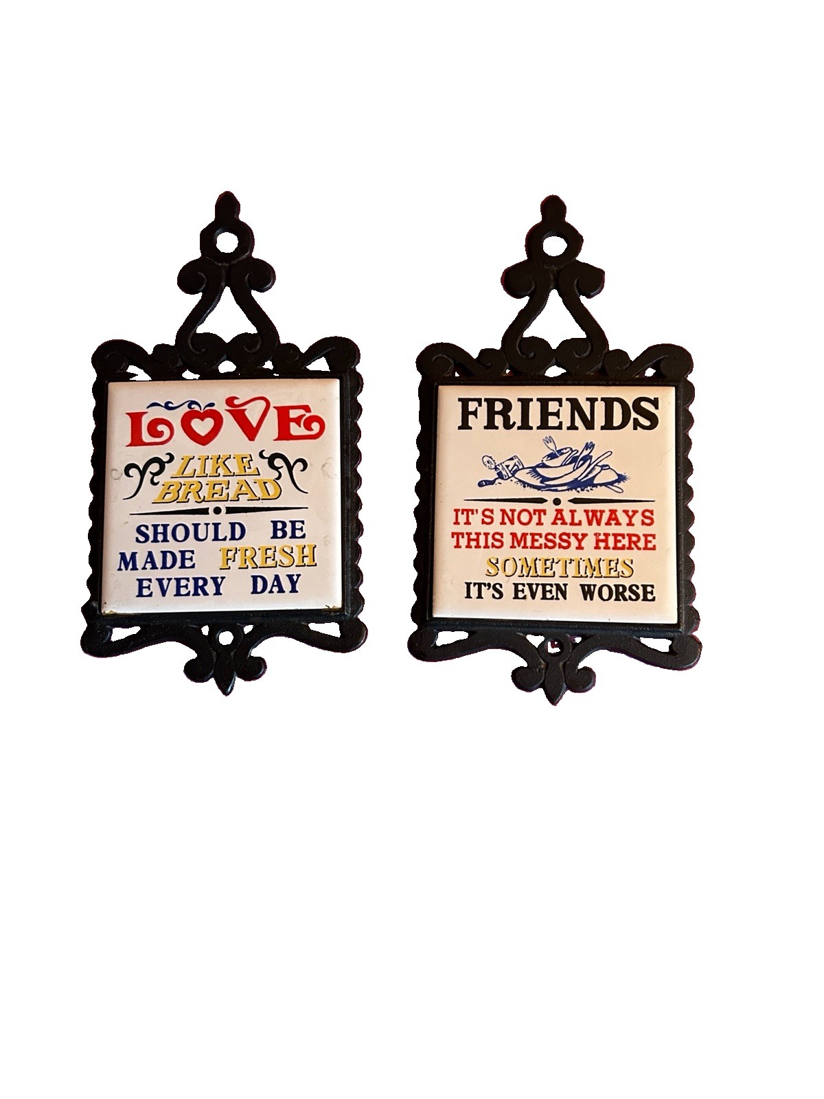 Pair of Vintage Iron and Ceramic Wall/Pot Holder Trivets with Humorous Quotes