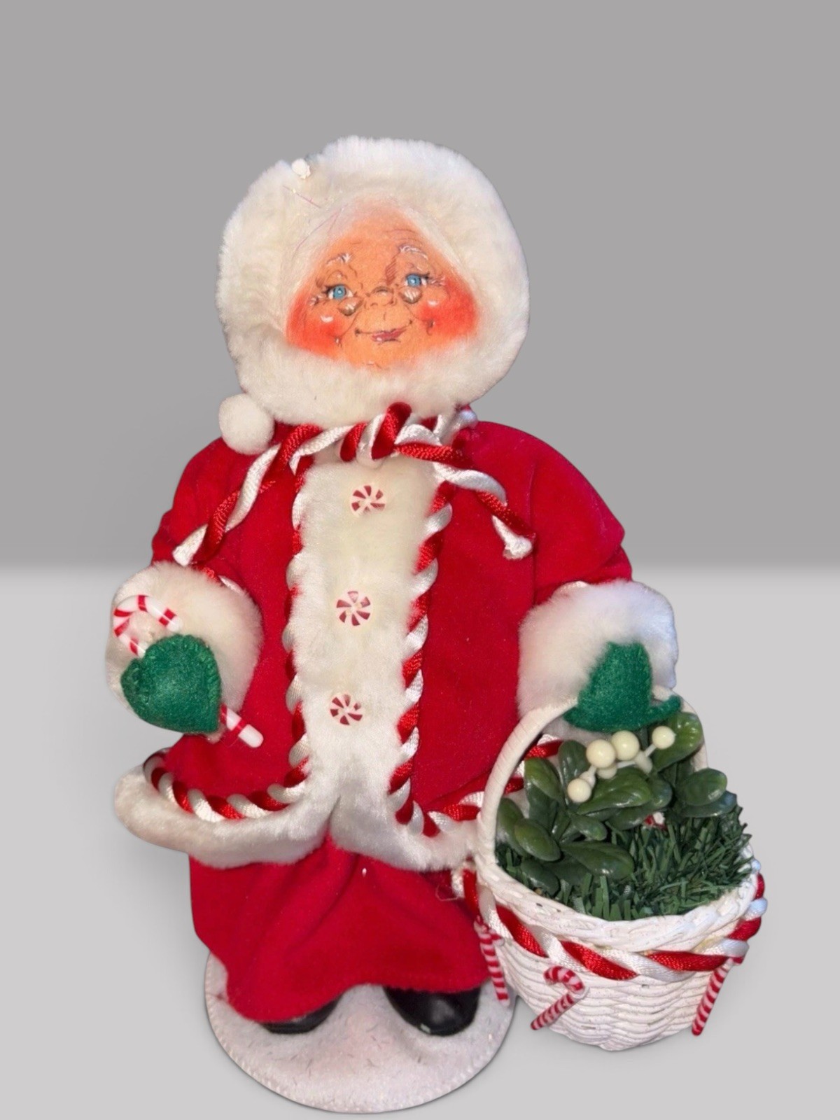 Vintage Annalee Mobilitee Mrs. Claus Doll with Mistletoe Basket & Candy Cane Vintage Annalee Mobilitee Mrs. Claus Doll with Mistletoe Basket & Candy Cane