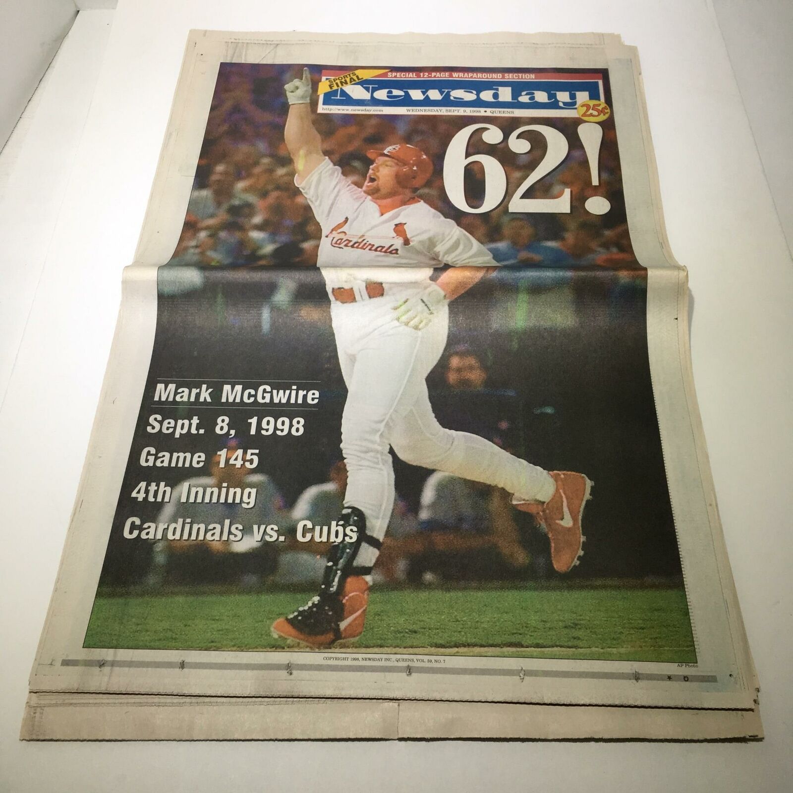 Newsday: Sept 9 1998 62 Mark McGwire st louis cardinals hr chase