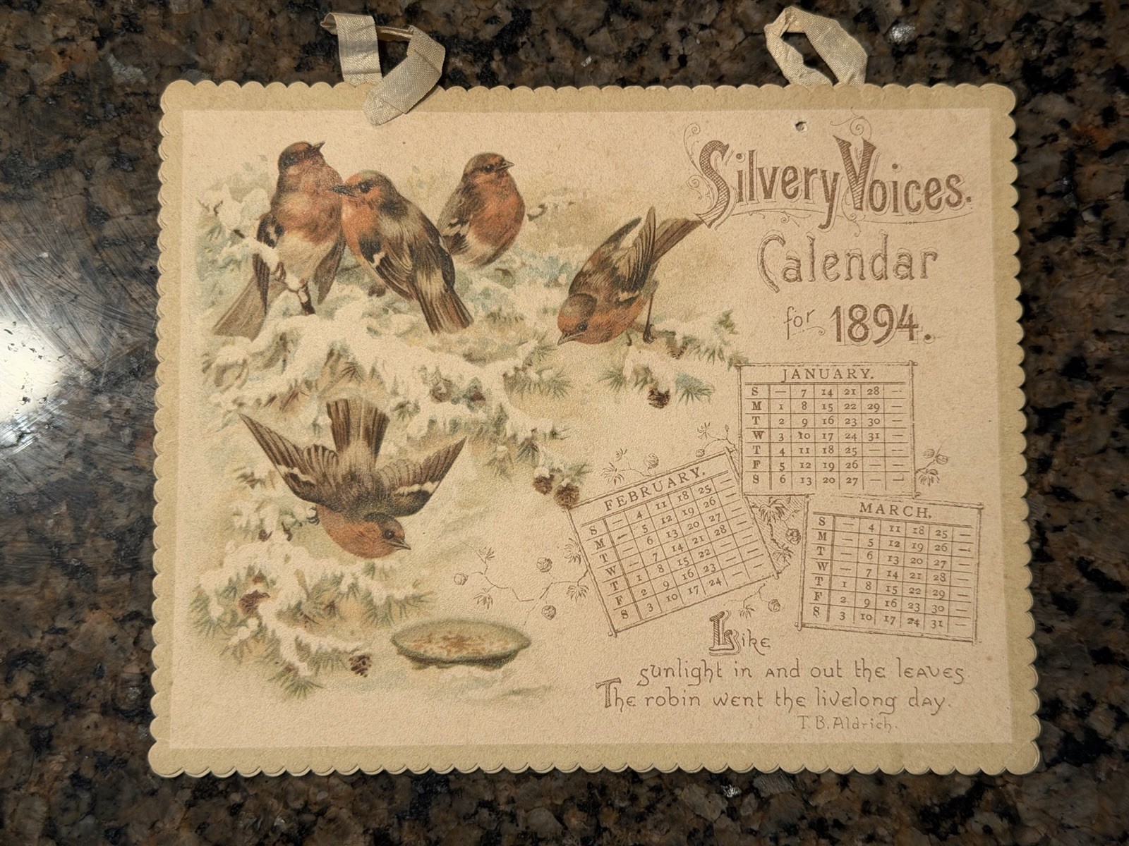 1894 Silvery Voices Calendar Complete Victorian Bird Chromolithograph 4 Panel