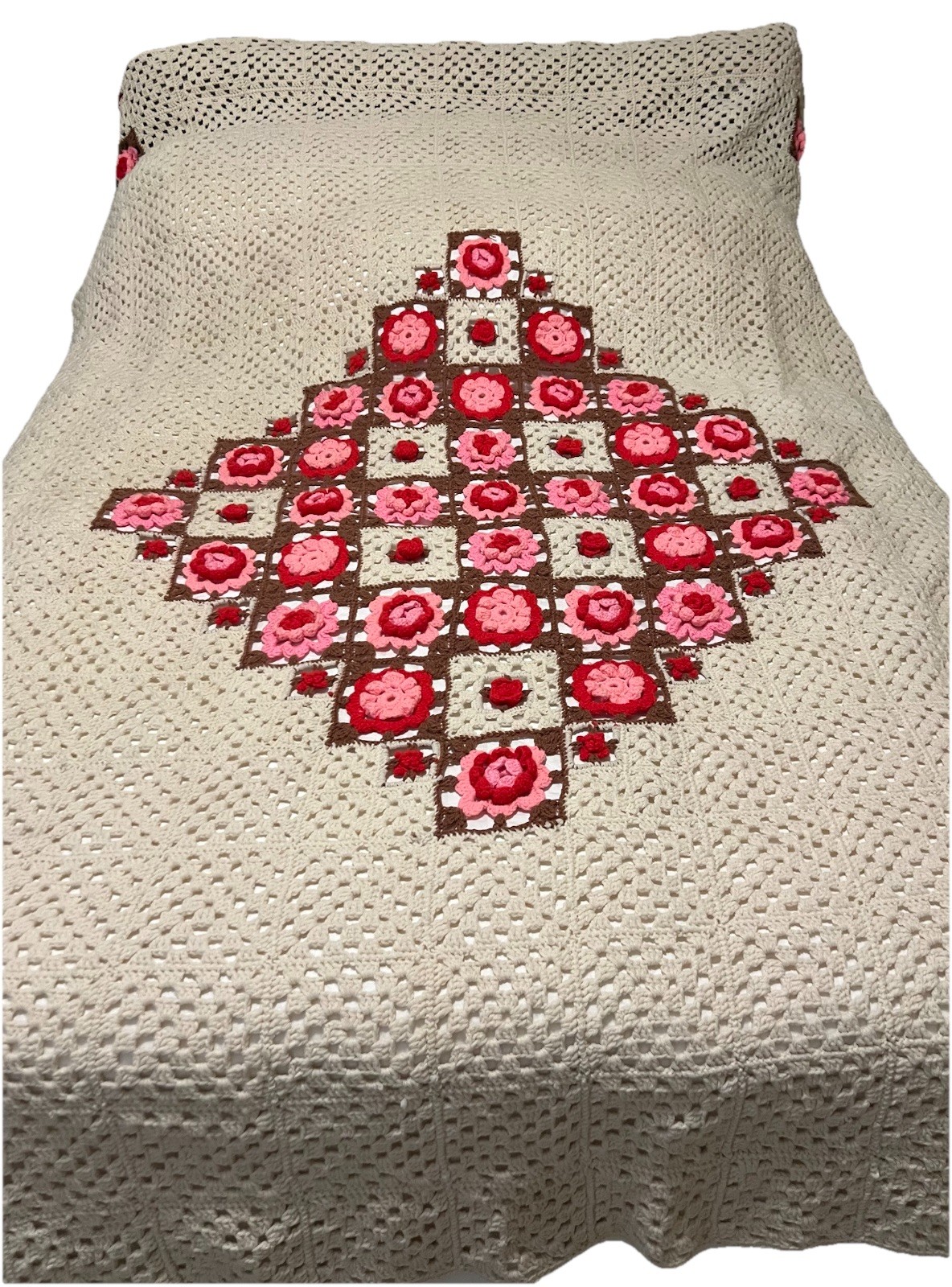 Vintage Handmade Crochet Bedspread 3D Flower Granny Squares 97inX83in W/ 2 Shams