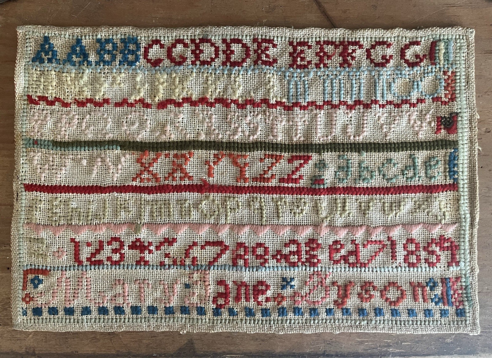 Antique 19th Century School Sampler Needlework Needlepoint 1859 Unframed