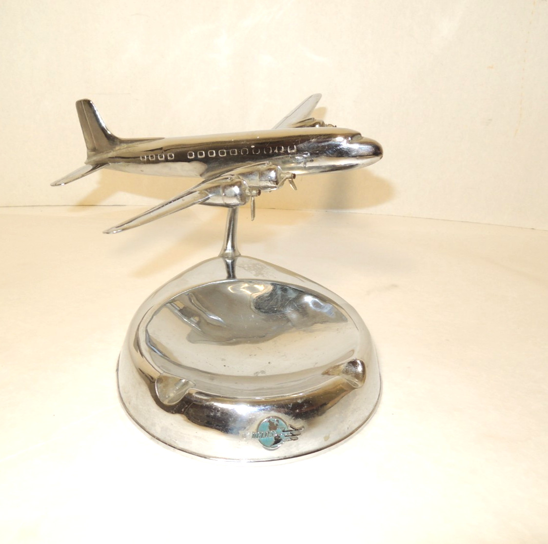 Pastushin Chrome Ashtray Douglas DC-6 Aircraft Airplane 7 X 5 In. [Some Wear]