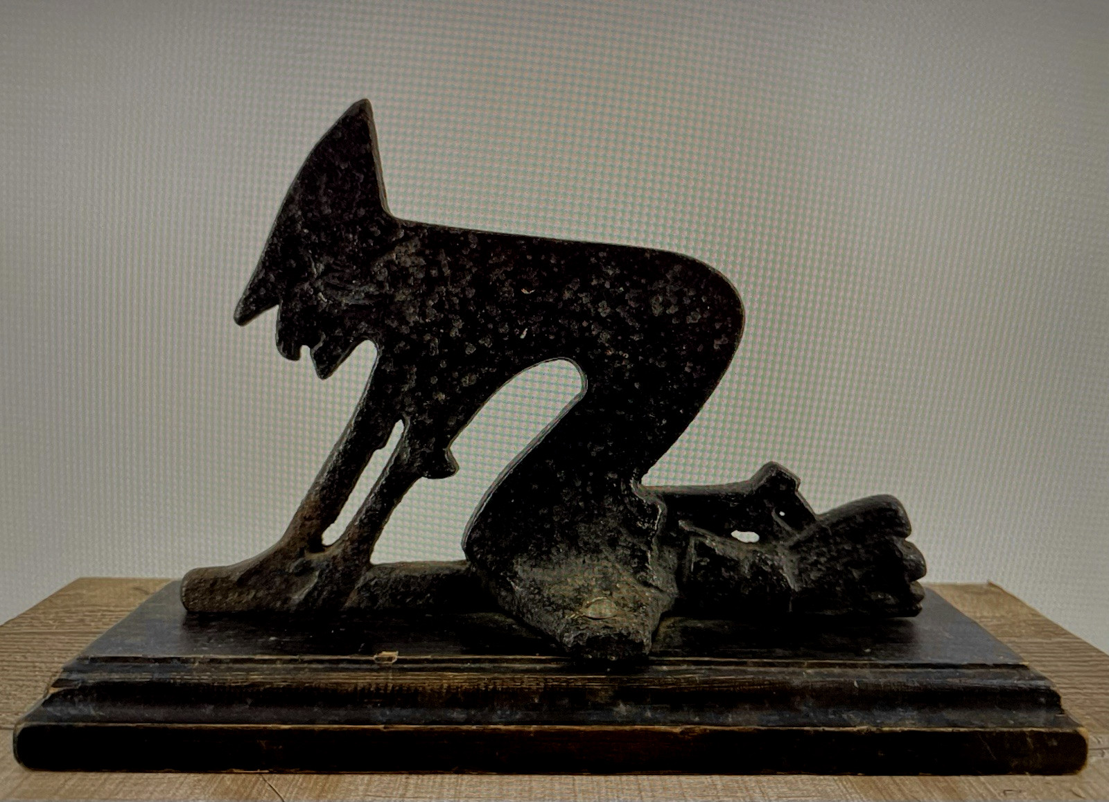 RARE Antique Cast Iron Black Witch Boot Scraper Mounted Wooden Base 8X12 RARE Antique Cast Iron Black Witch Boot Scraper Mounted Wooden Base 8X12