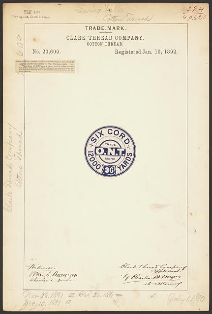 Photo:Clark Thread Company O.N.T. Cotton Thread Trade Mark 1892