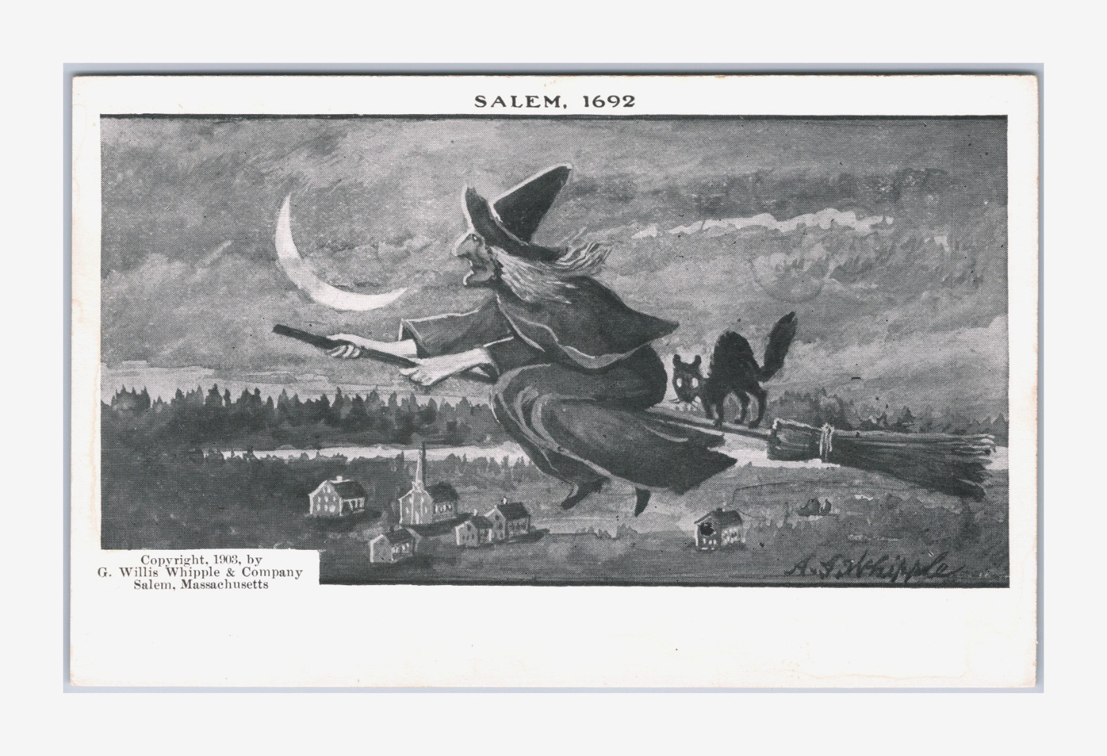 1903 Antique UU UDVB Postcard Whipple 1692 Salem Witch Broom Cat Halloween RARE 1903 Antique UU UDVB Postcard Whipple 1692 Salem Witch Broom Cat Halloween RARE
