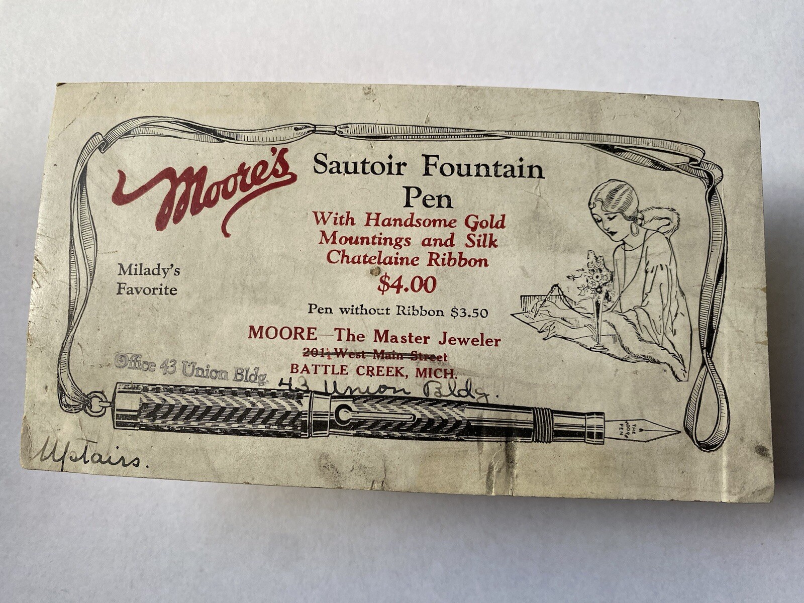 Vtg Moore’s Sautoir Moore Fountain Pen  Ink Blotter Battle Creek Michigan