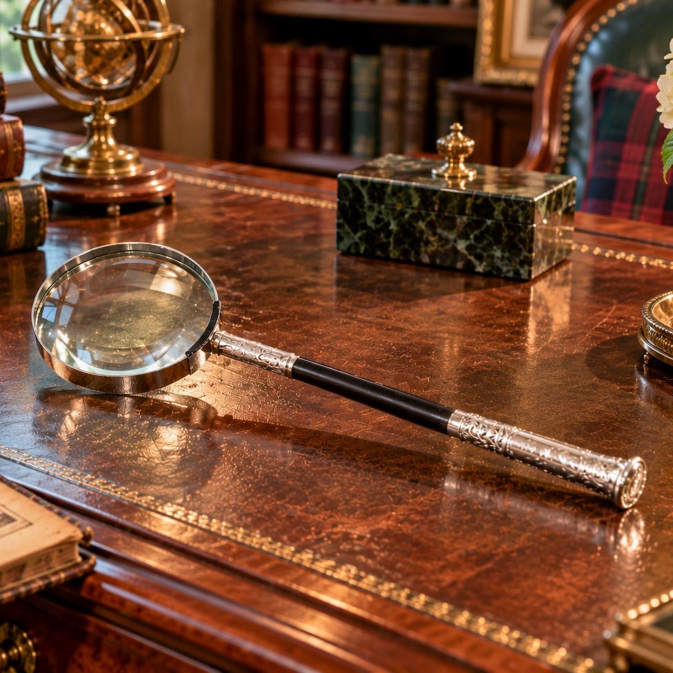 Luxury English Antique Sterling Silver & Ebonized Wood Desk Magnifying Glass 