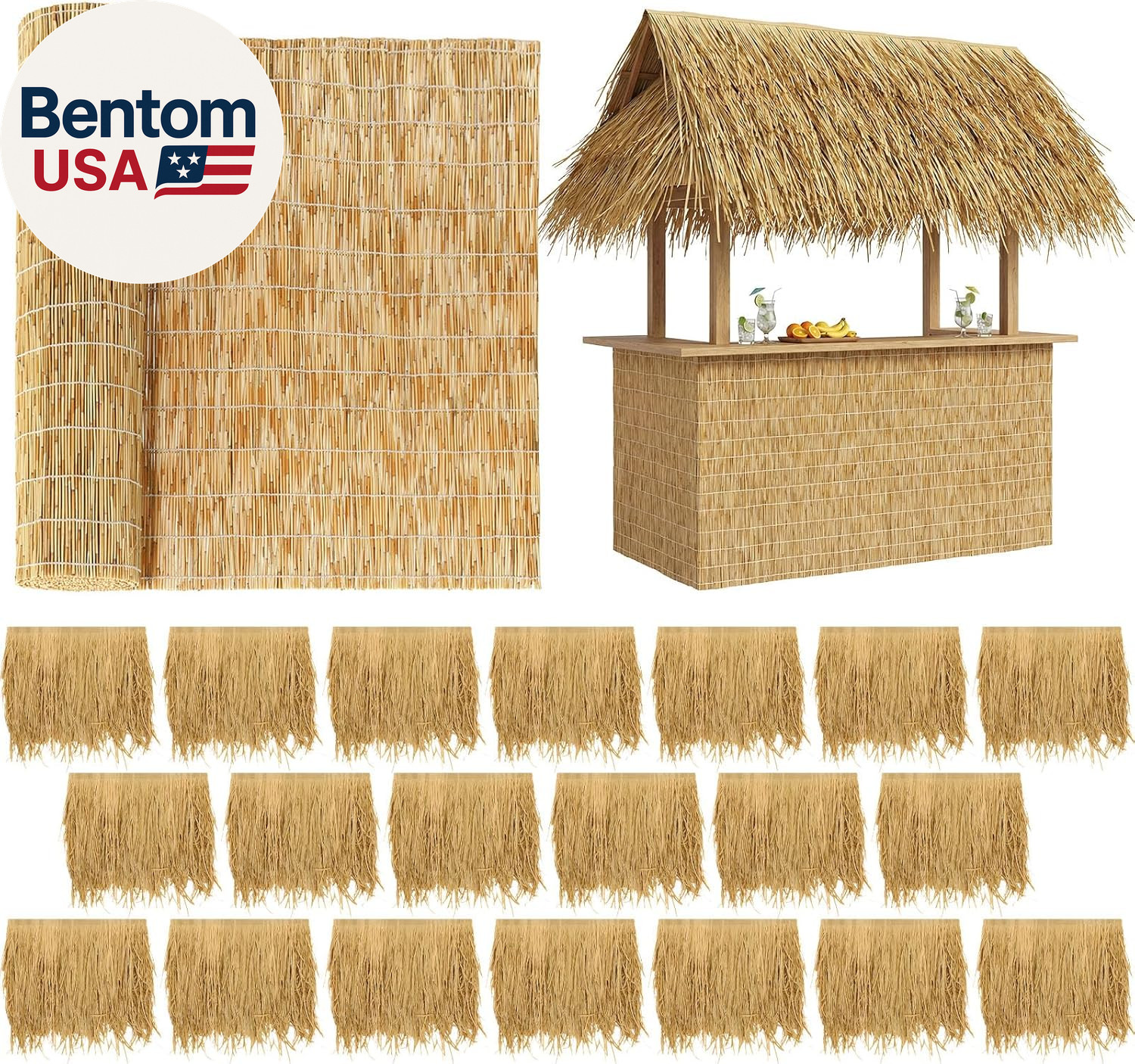 20 Pcs 20'' X 18.5'' Artificial Straw Roof Thatch Rolls and 3.3 Ft X 20 Ft Natur