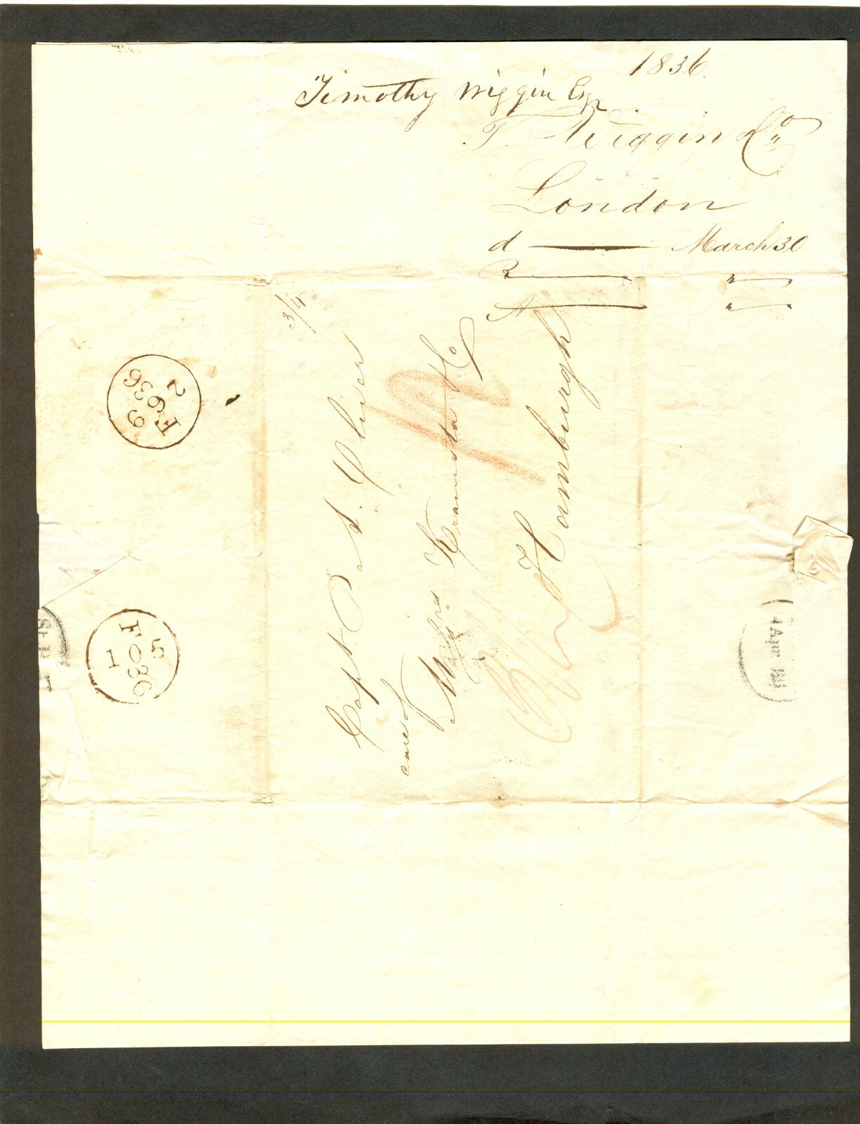 March 30 1836 1-pg ltr London to HAMBURG re: Ship Tiber & Capt. Paul A. Oliver