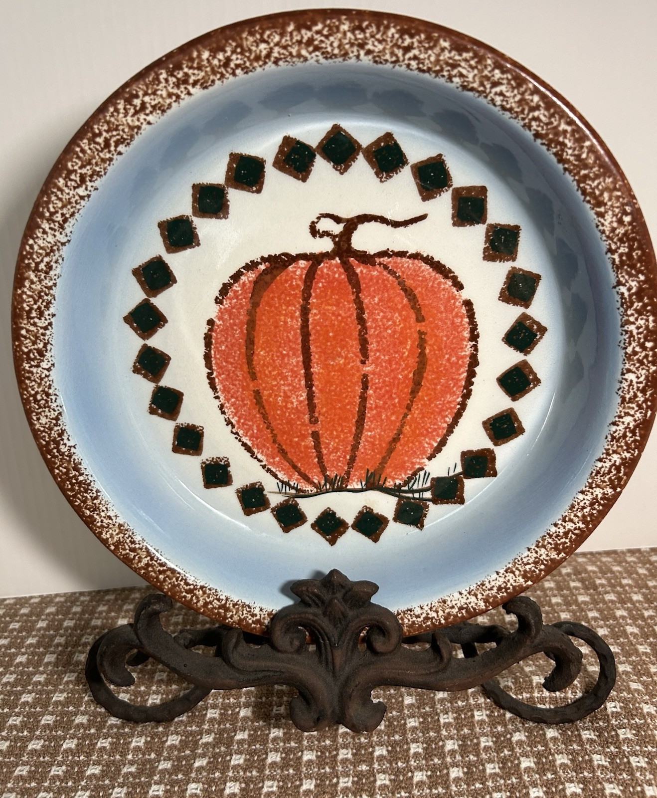 Vintage Folk Art Ceramic Spongeware PUMPKIN Pie Dish Fall Thanksgiving Halloween Vintage Folk Art Ceramic Spongeware PUMPKIN Pie Dish Fall Thanksgiving Halloween