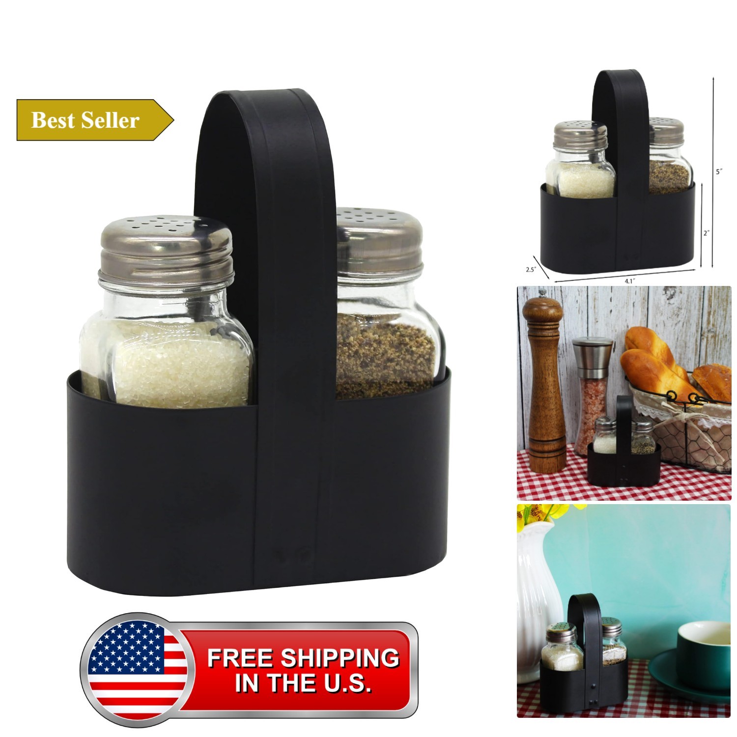 Salt and Pepper Shakers Set with Black Galvanized Caddy, Rustic Farmhouse Gla... Salt and Pepper Shakers Set with Black Galvanized Caddy, Rustic Farmhouse Gla...