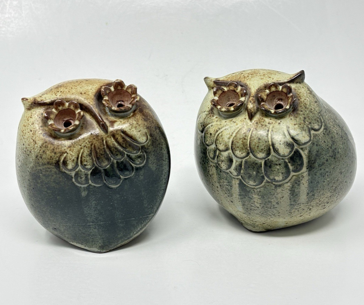 Vintage Ceramic Owl Incense Burner MCM Japan 1960s Boho Flower Eyes Pair of 2