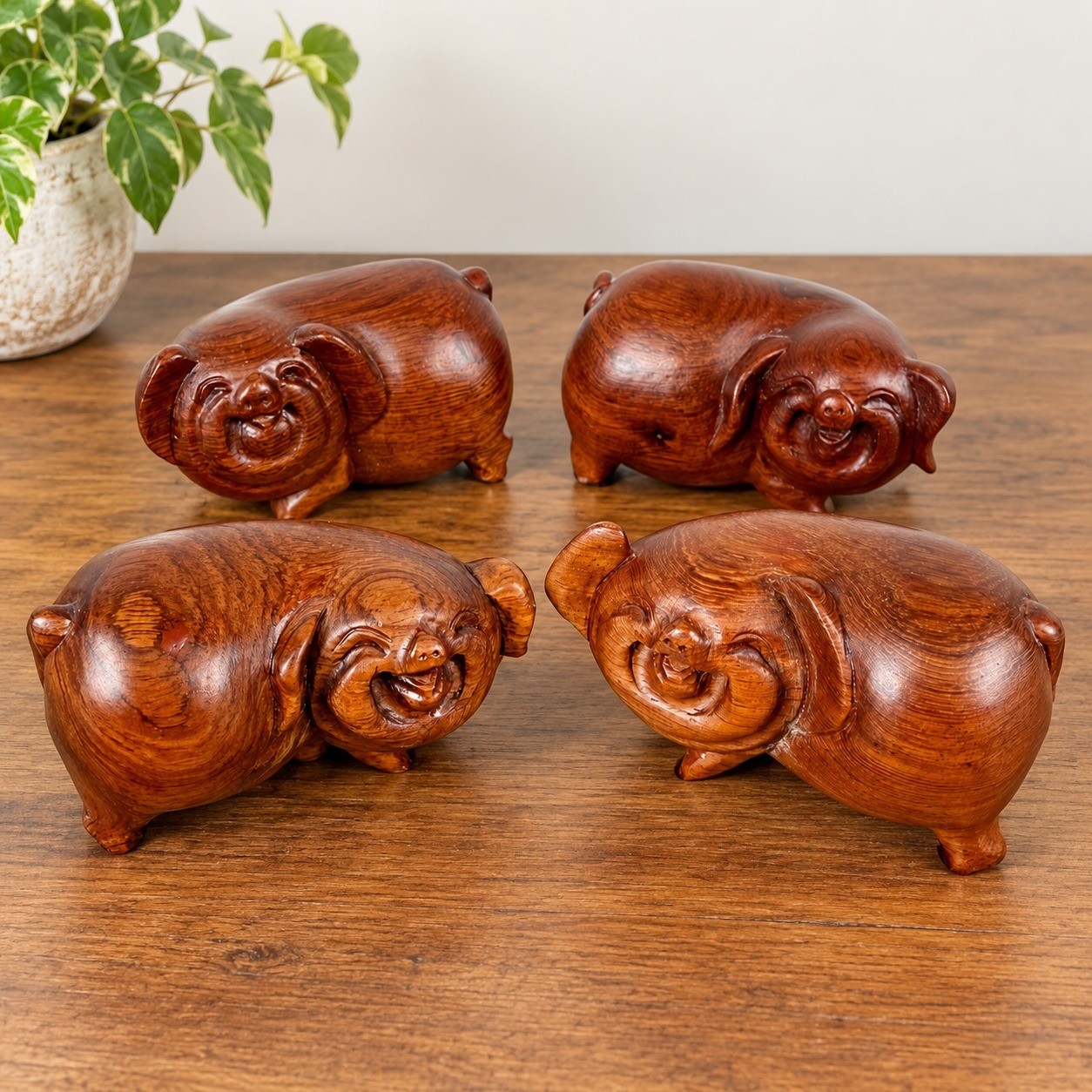 Vintage Hand Carved Wood Happy Lucky Pig Figurines Set of 4 Rosewood Style Vintage Hand Carved Wood Happy Lucky Pig Figurines Set of 4 Rosewood Style