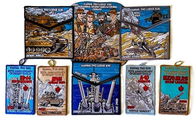 BOY SCOUT KANWA THO OA 636 BSA 2022 NOAC 11-PATCH US ARMY NAVY DESERT STORM SET