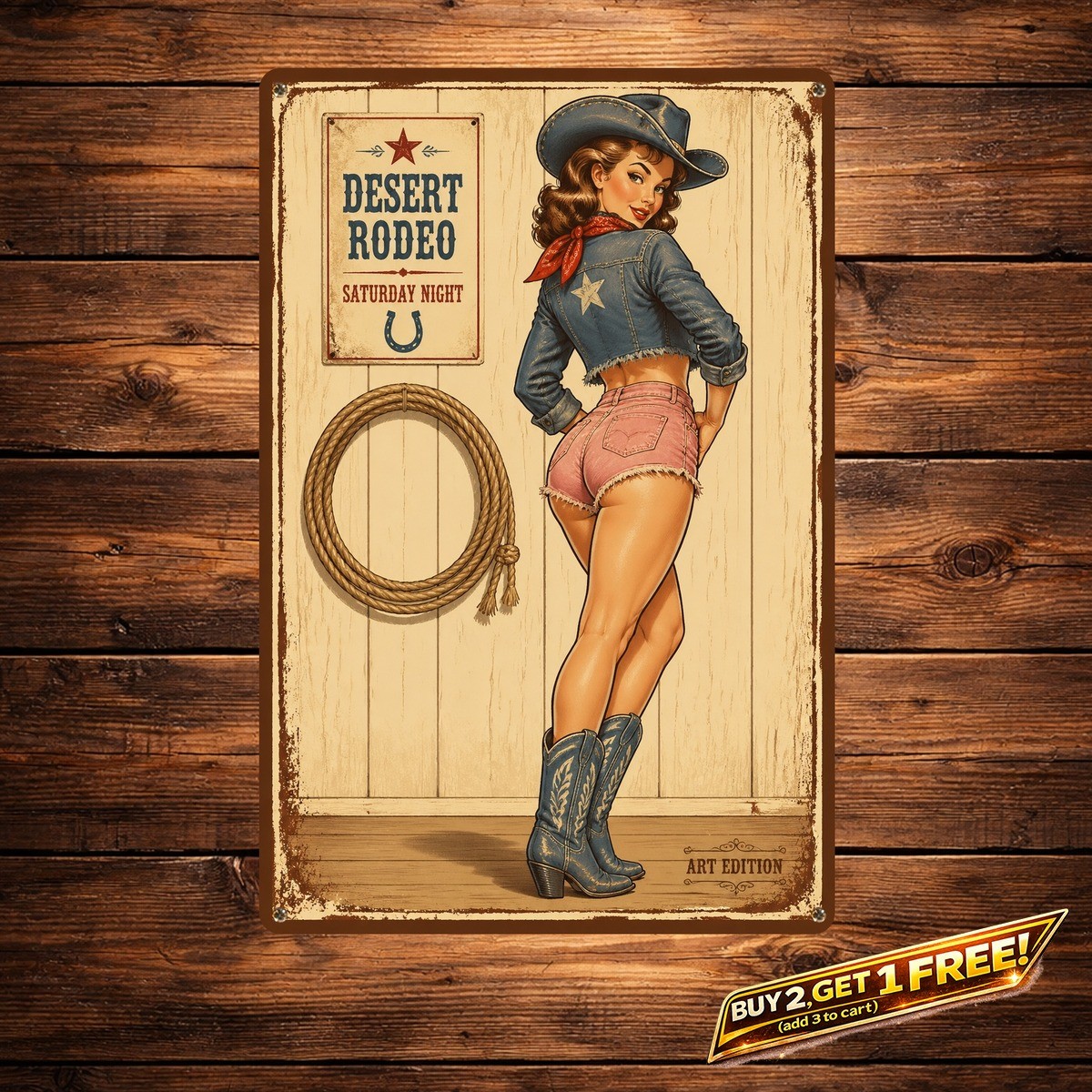 Western Cowgirl Pinup Sign Vintage Standing Illustration Metal Tin Plaque