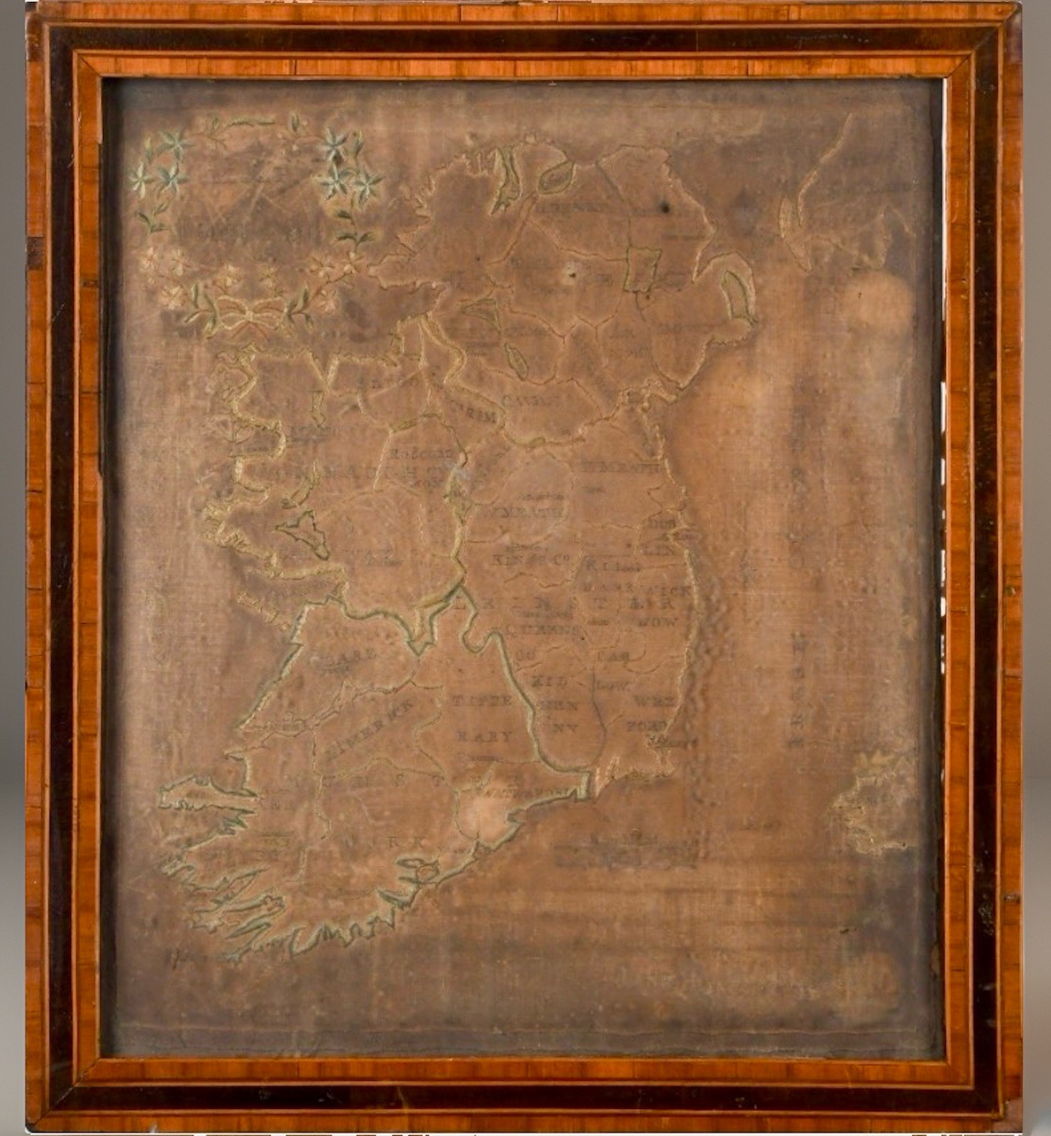 Rare Antique 18th C Needlework Map Of Ireland Sampler Georgian Marquetry Frame