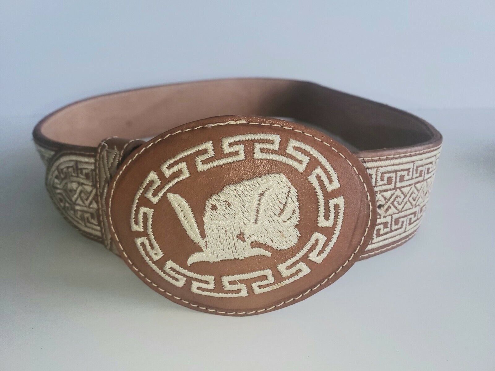 Vintage Size 34 Leather Mexico Cowboy Southwest Embroidered Belt 