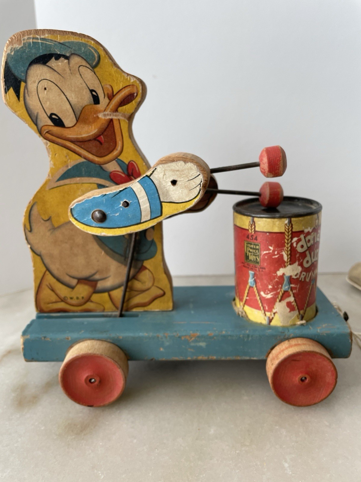 RARE Vintage Disney Donald Duck Drummer Working Pull Toy Walt Disney Production RARE Vintage Disney Donald Duck Drummer Working Pull Toy Walt Disney Production