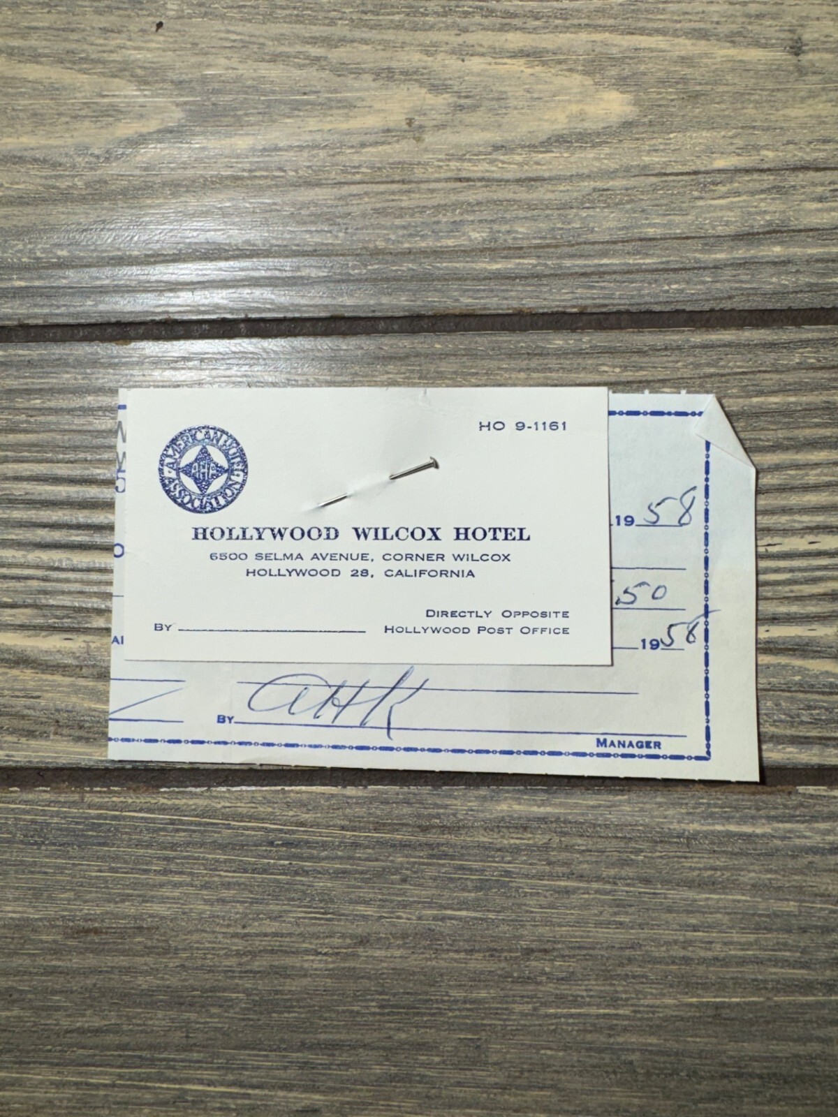 Vintage Hollywood Wilcox Hotel Receipt From 1958 Vintage Hollywood Wilcox Hotel Receipt From 1958