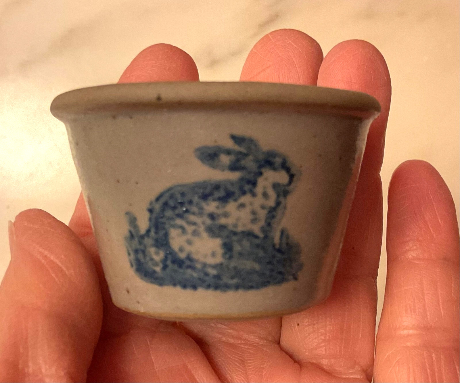 vintage mini crock, salt glazed with rabbit in blue vintage mini crock, salt glazed with rabbit in blue