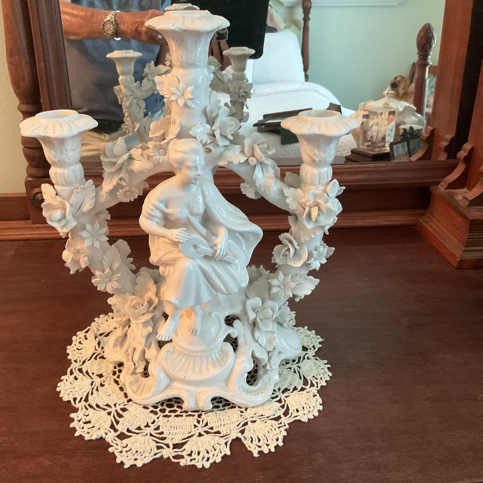 Vintage Italy Signed White Porcelain Candle Holder Floral W/ Woman & Mandolin Vintage Italy Signed White Porcelain Candle Holder Floral W/ Woman & Mandolin