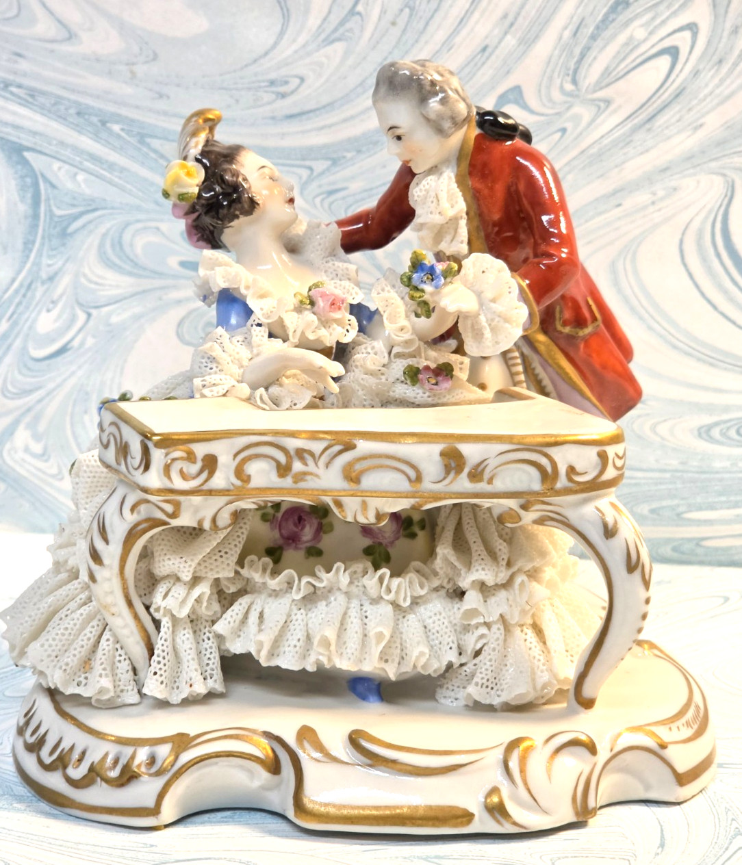 #3 German Dresden Man and Woman at Spinet Piano Figurine 41/2 #3 German Dresden Man and Woman at Spinet Piano Figurine 41/2