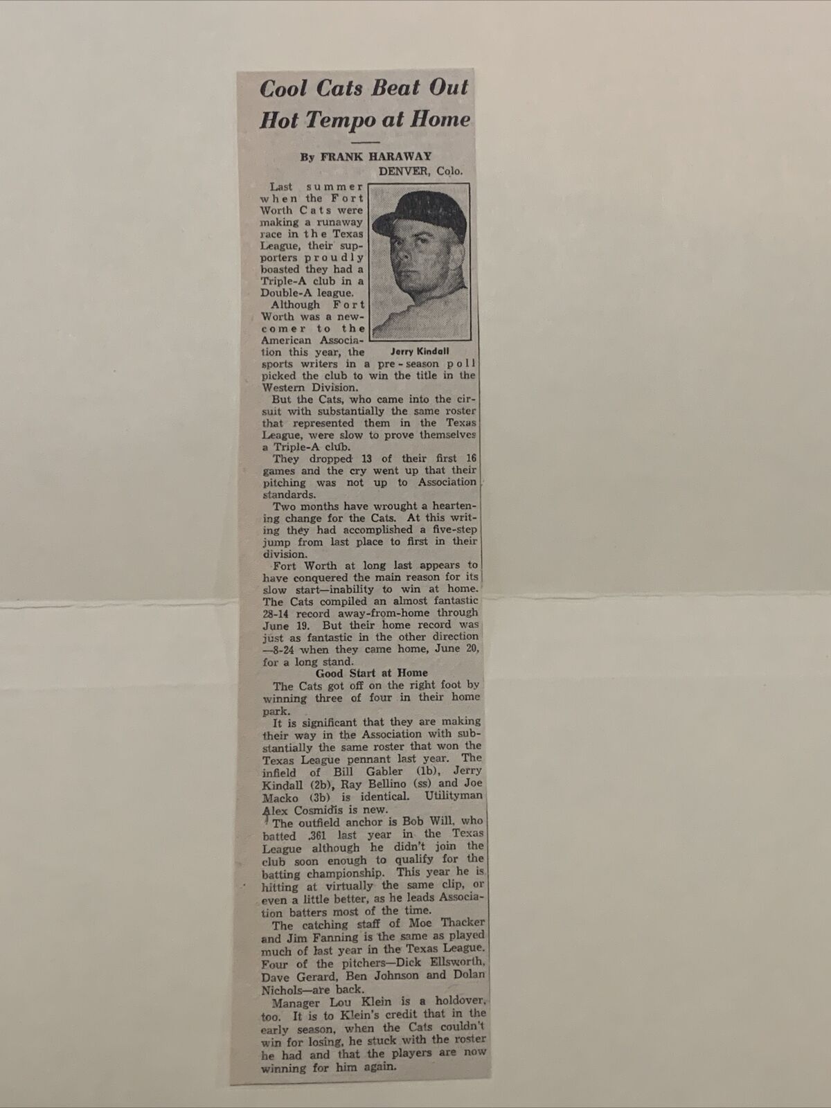 Jerry Kindall Fort Worth Cats 1959 Sporting News Baseball 2X9 Panel