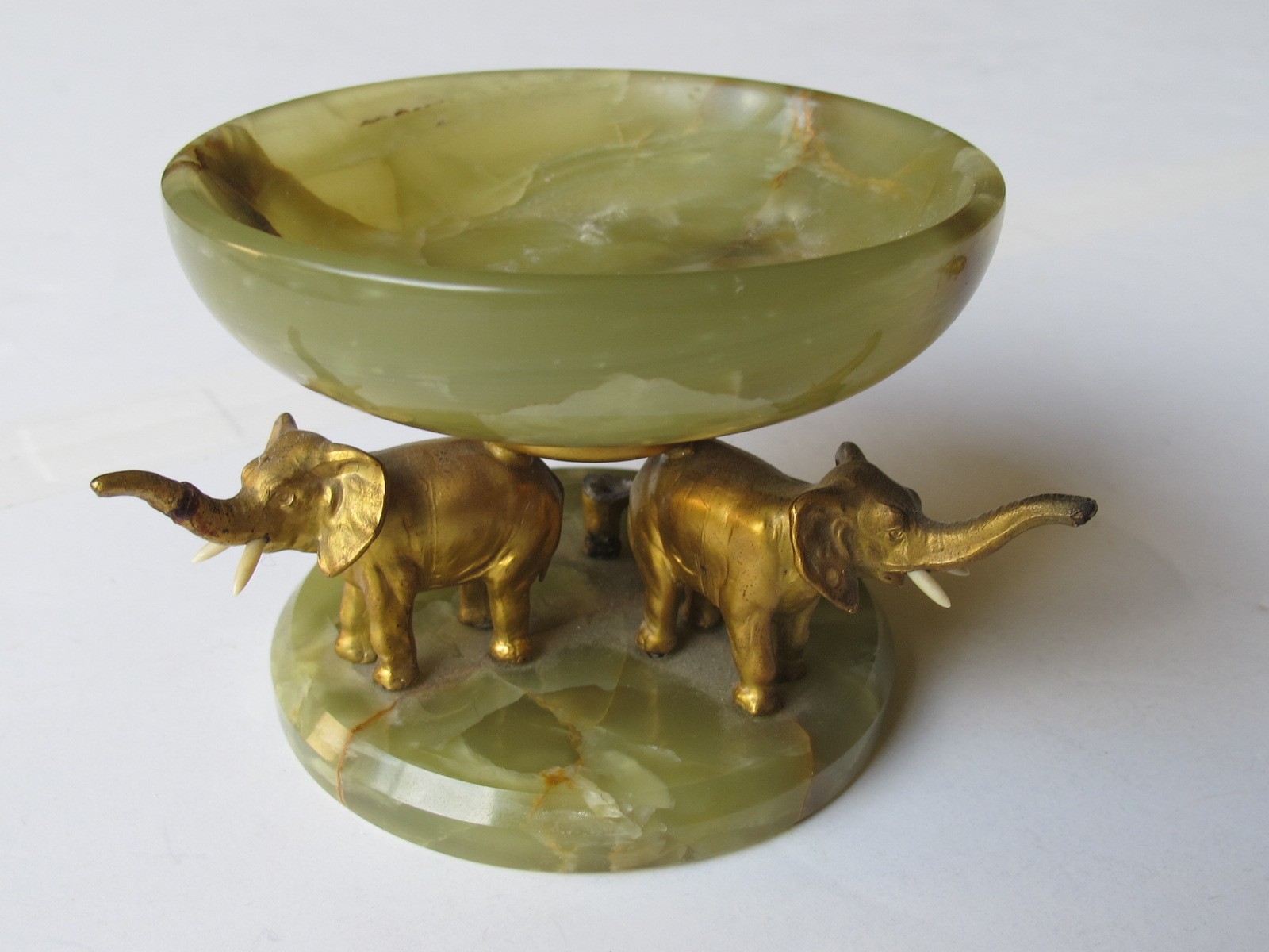 Vintage Art Deco green onyx trinket bowl, with elephants, broken
