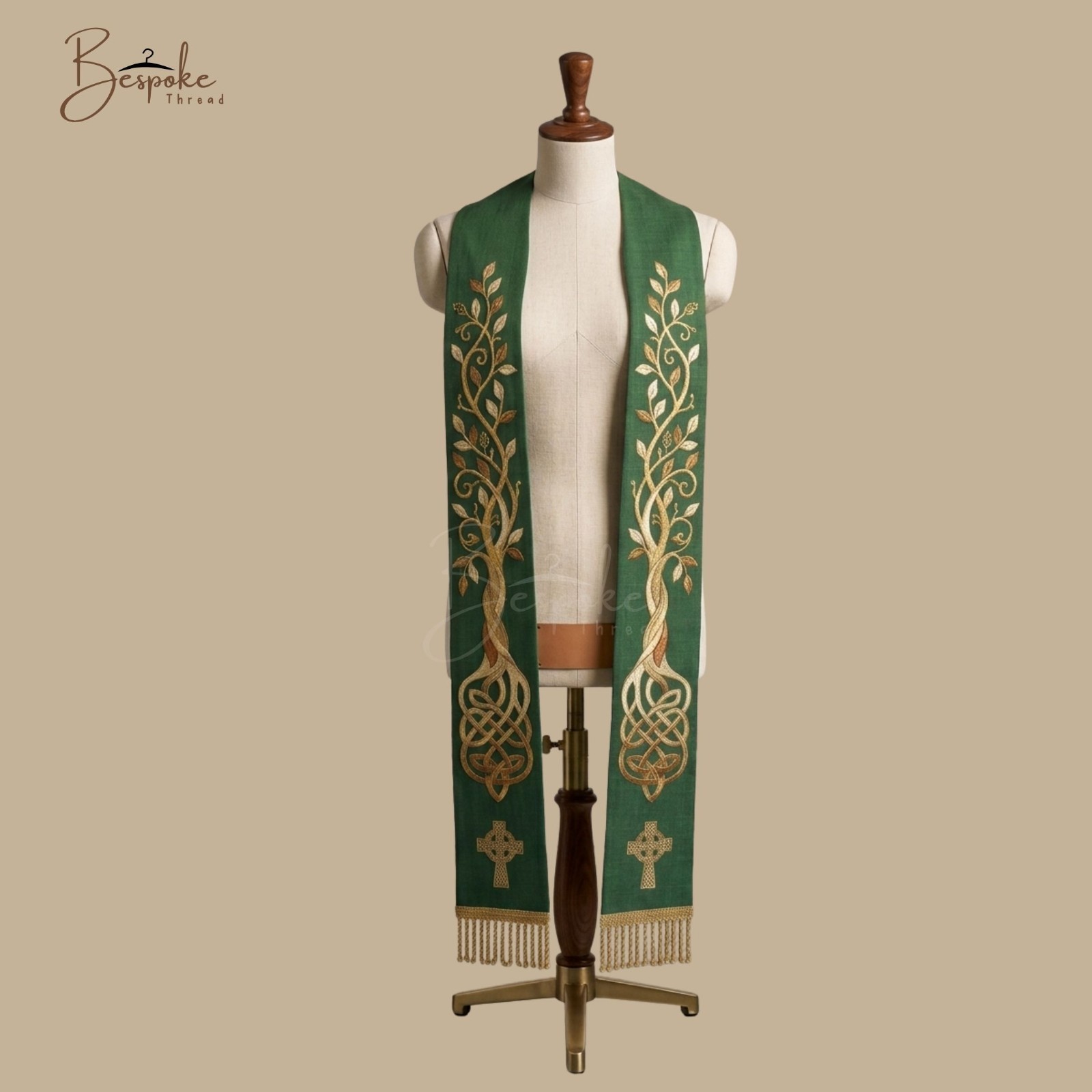 Green Celtic Tree of Life Priest Stole Cross Embroidered Clergy Vestment