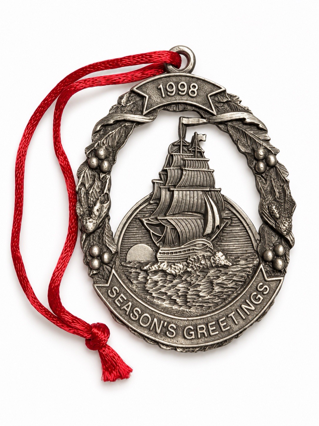 Vintage 1998 Josef Pewter Sailing Ship Christmas Ornament Season’s Greetings USA