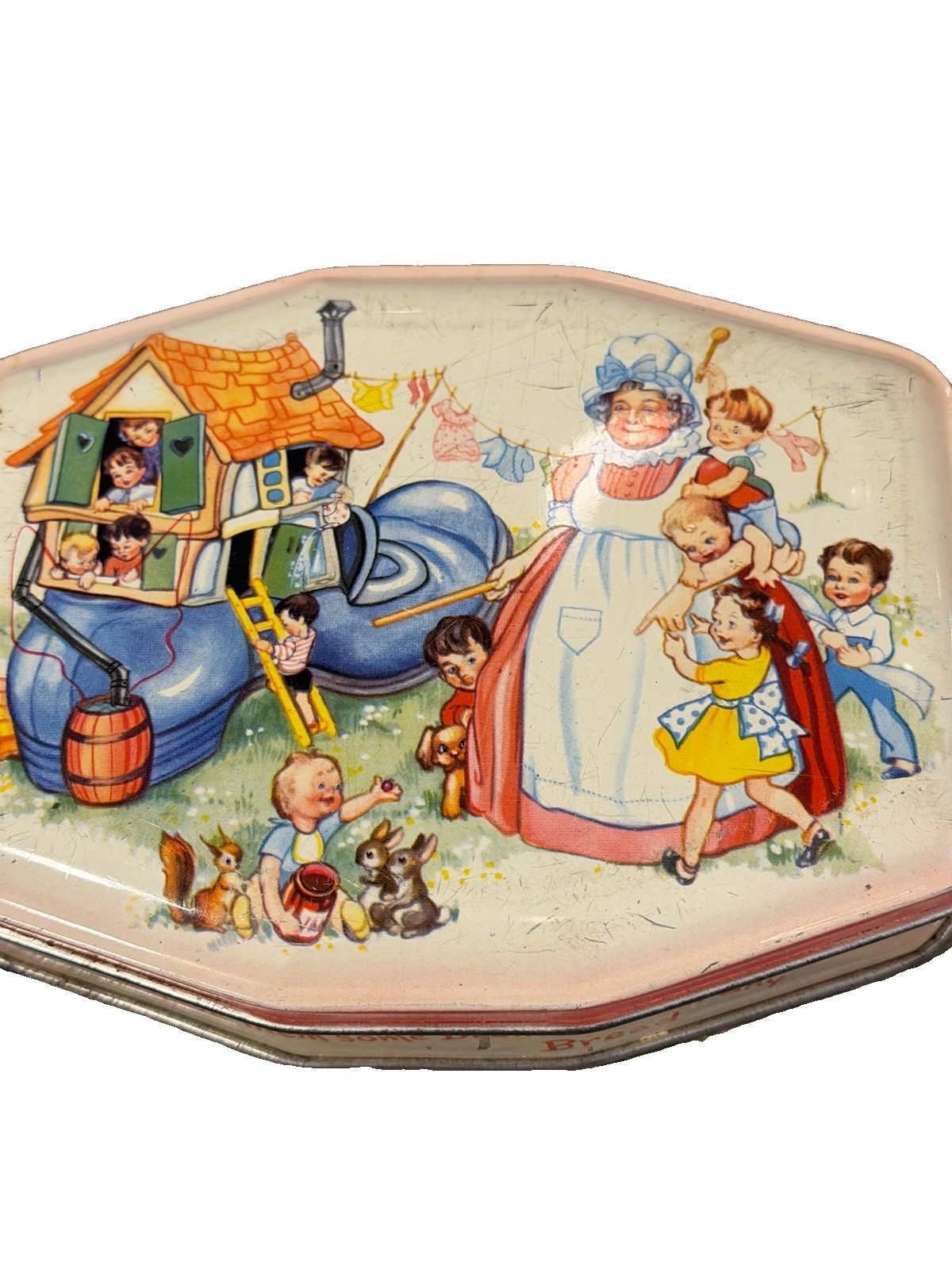 Vintage Old Woman Who Lived In A Shoe Horner Toffee Tin Beautiful Condition 1940 Vintage Old Woman Who Lived In A Shoe Horner Toffee Tin Beautiful Condition 1940