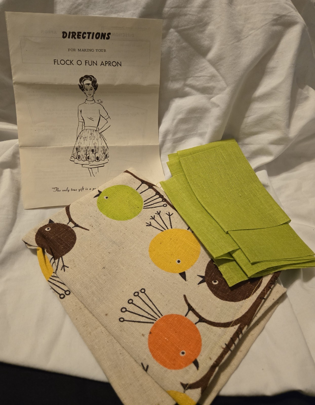 Vintage 1969 Flock o Fun Apron Kit Brown Orange Yellow Green Birds Green Trim