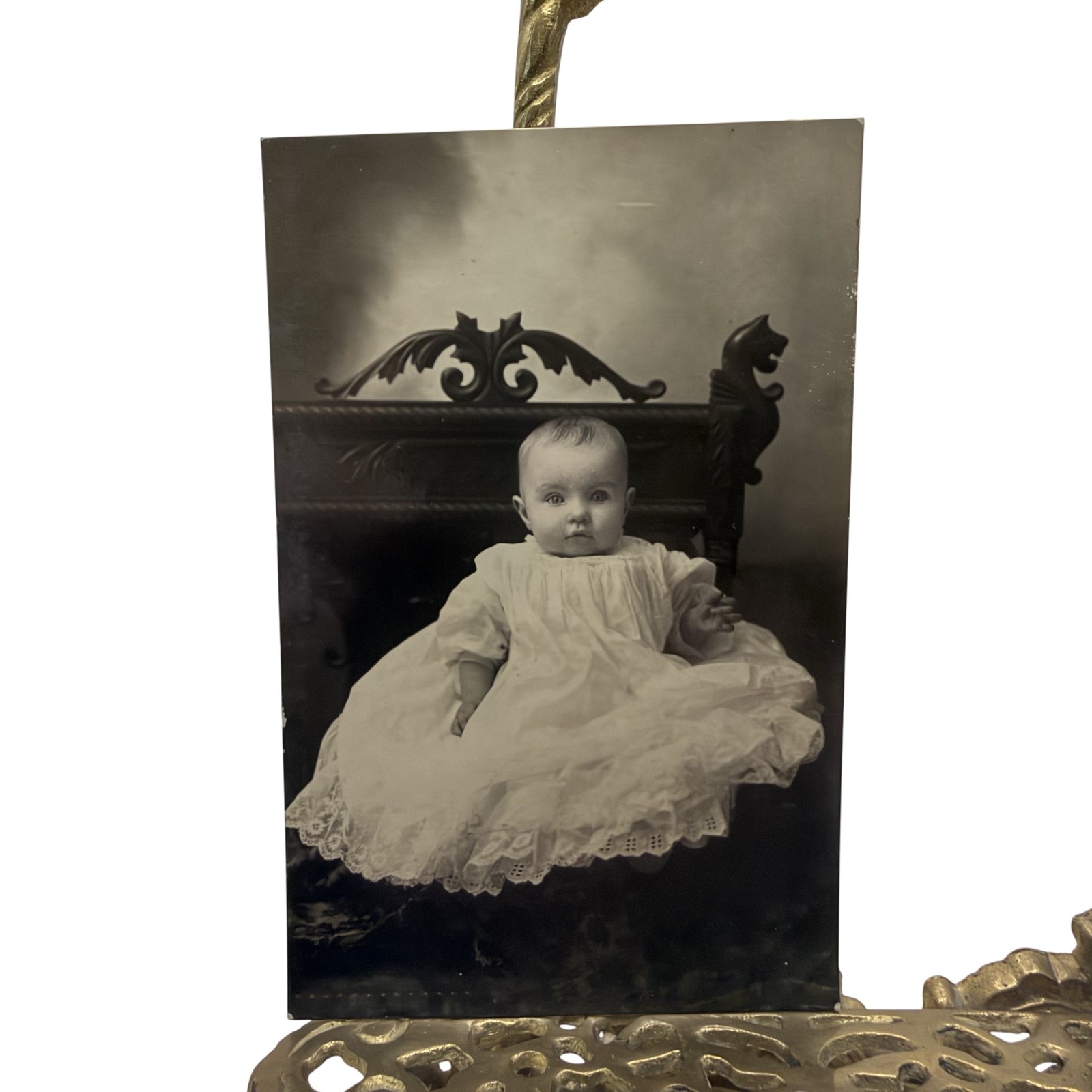 Antique C1910s Baby White Gown Ornate Chair RPPC Real Photo Postcard AZO 3.5x5.5