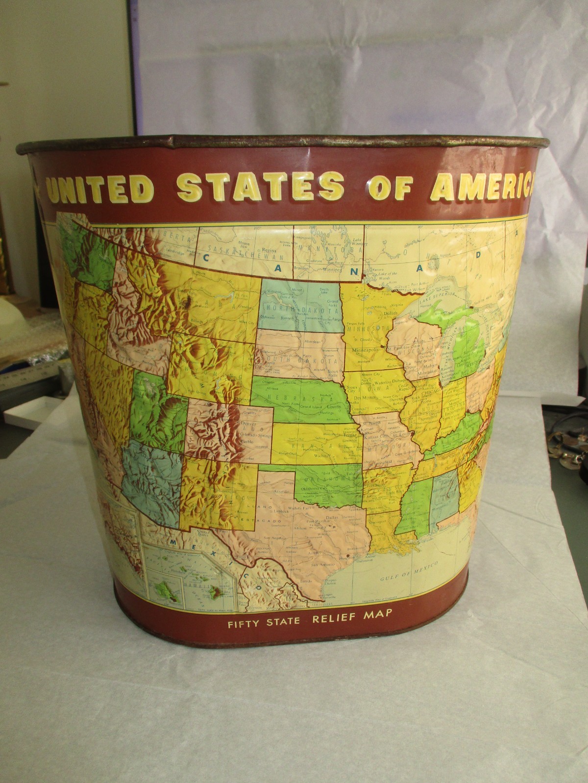 Vintage 60s Weibro United States Of America Relief Map Metal Trashcan 11.5x11”