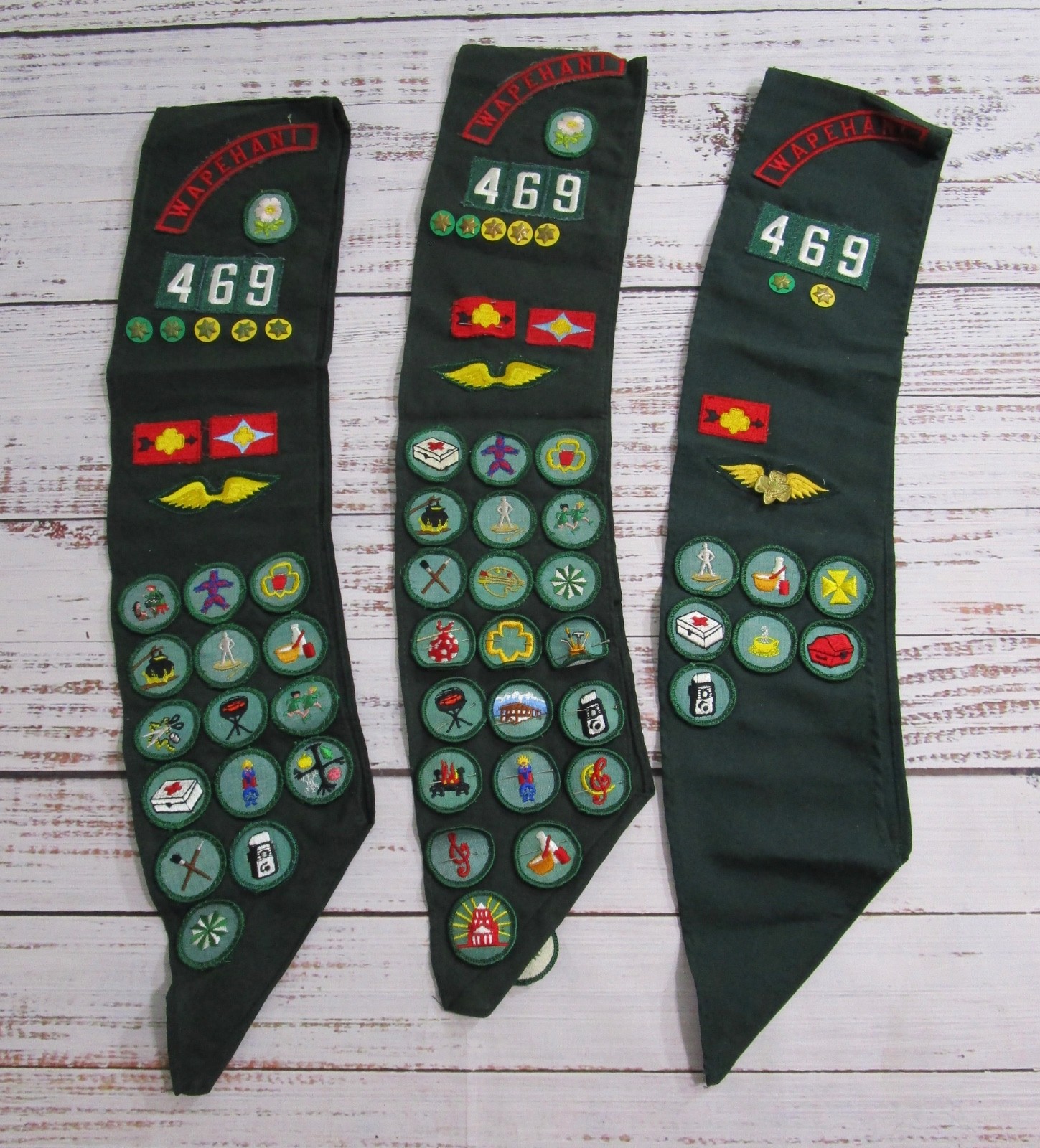 Lot Of 3 Vtg 1960s–70s Girl Scout Sashes Troop 469 “Wapehani” Badges Pins Lot Of 3 Vtg 1960s–70s Girl Scout Sashes Troop 469 “Wapehani” Badges Pins