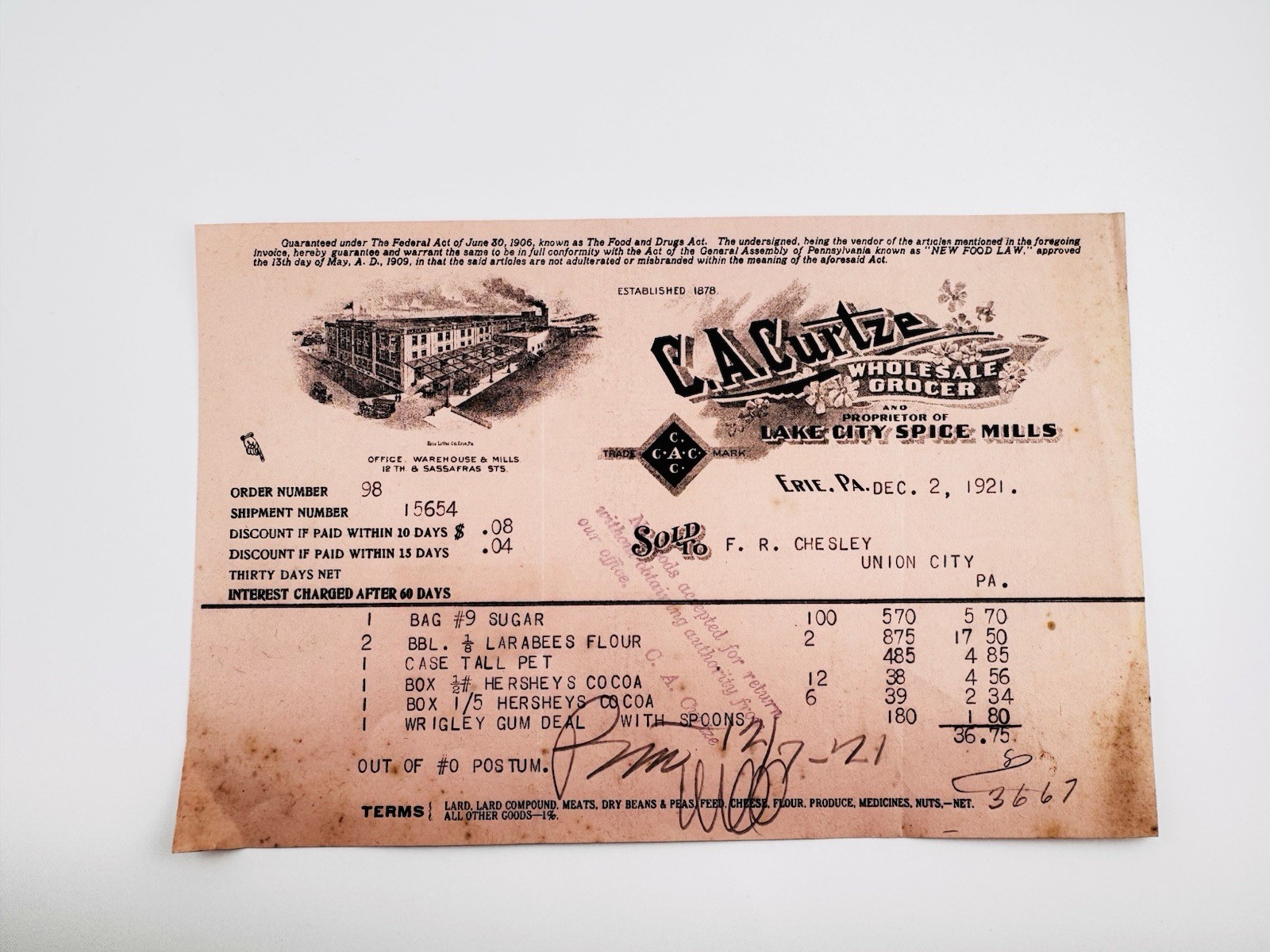 Vintage 1921 C.A. Curtze Invoice Hershey's Cocoa Wrigley's Gum Erie PA Ephemera