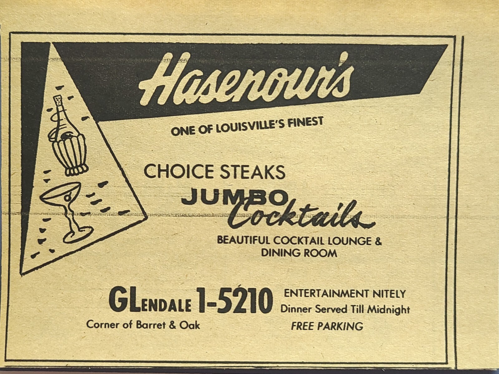 Hasenour\'s Louisville KY Choice Steaks Jumbo Cocktails Vintage Print Ad 1960
